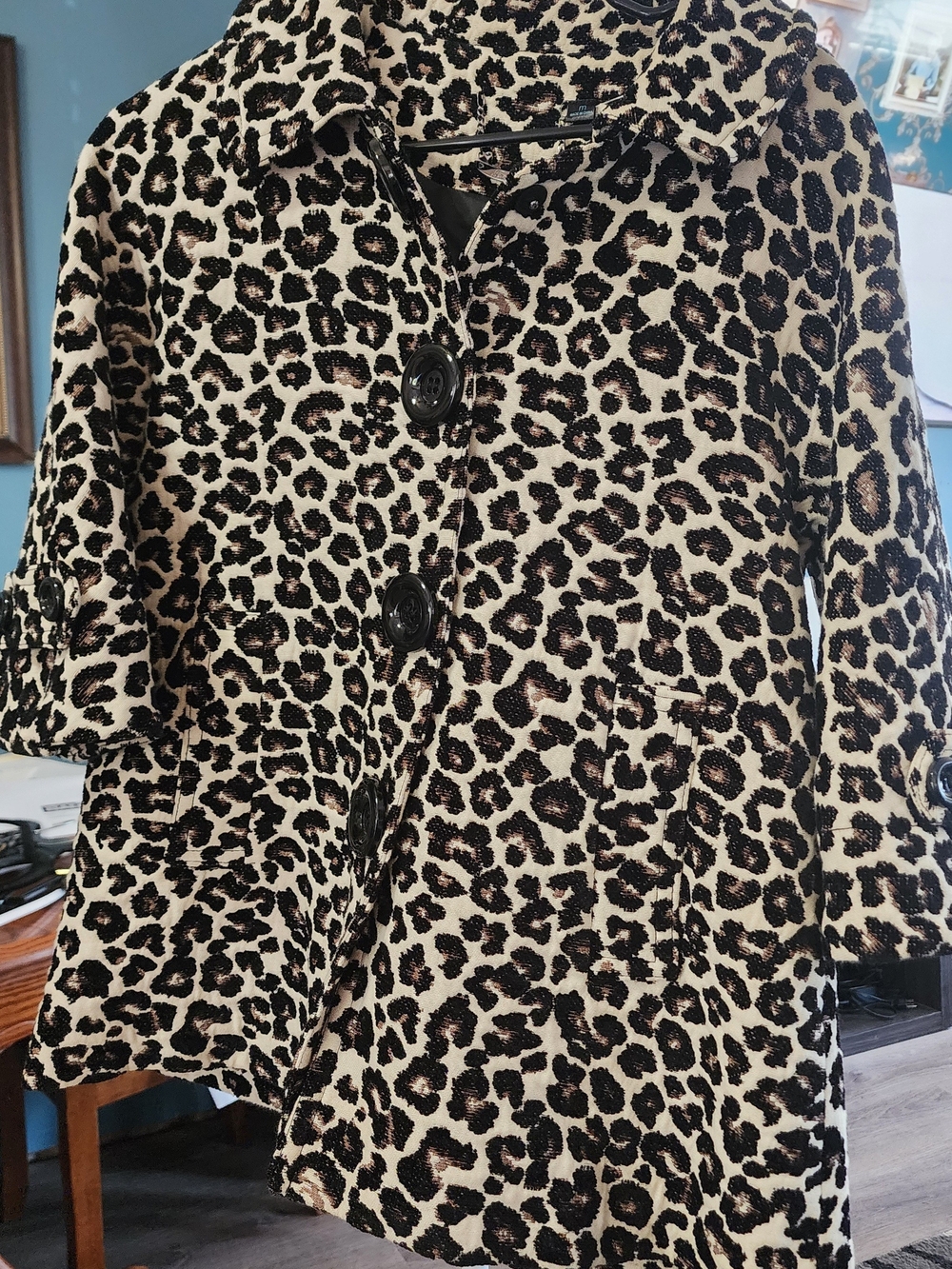 Leopard Print Women’s Coat - Black & Cream Button Front Sz Med